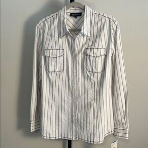 NWT Jones New York White Black Embroidered Stripe Cotton Button Down Blouse XL